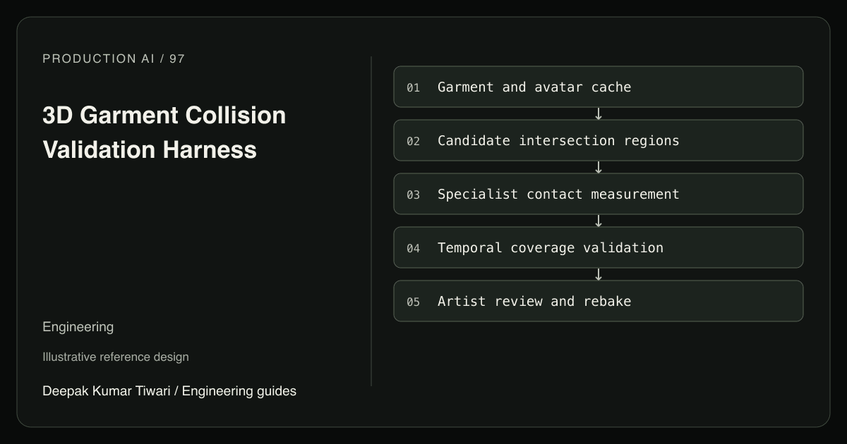 Reference workflow: Garment and avatar cache; Candidate intersection regions; Specialist contact measurement; Temporal coverage validation; Artist review and rebake.