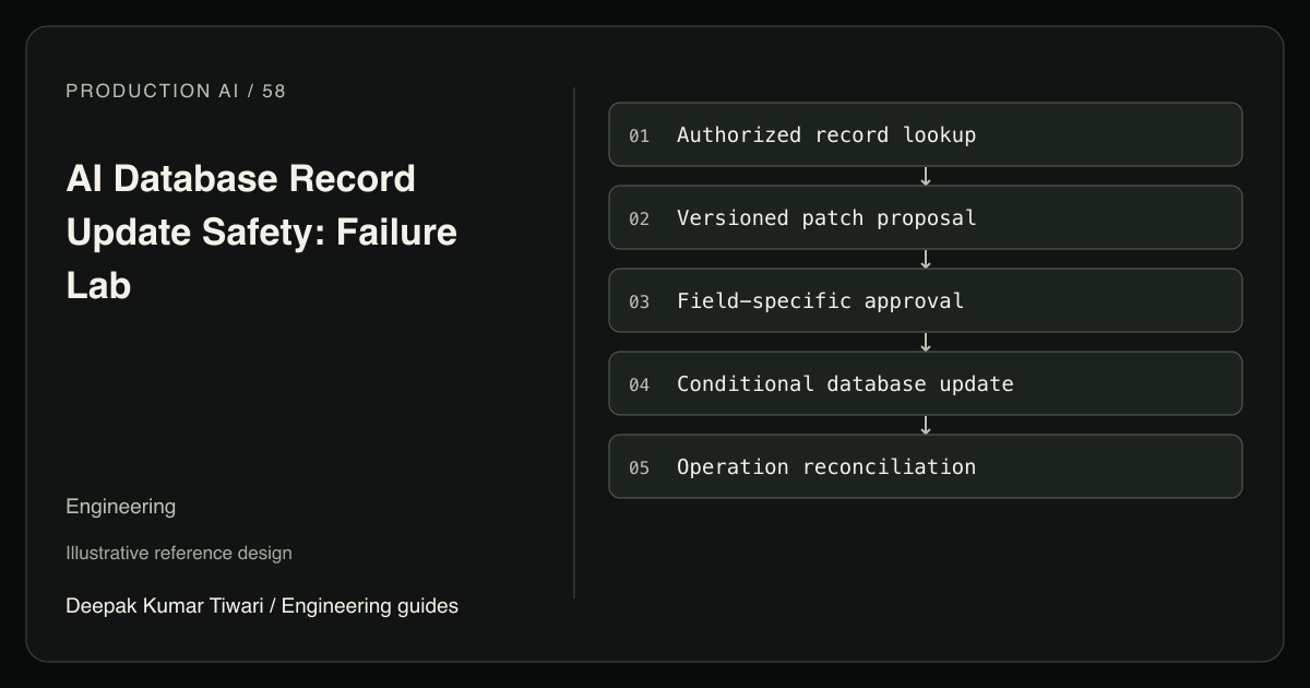 Reference workflow: Authorized record lookup; Versioned patch proposal; Field-specific approval; Conditional database update; Operation reconciliation.