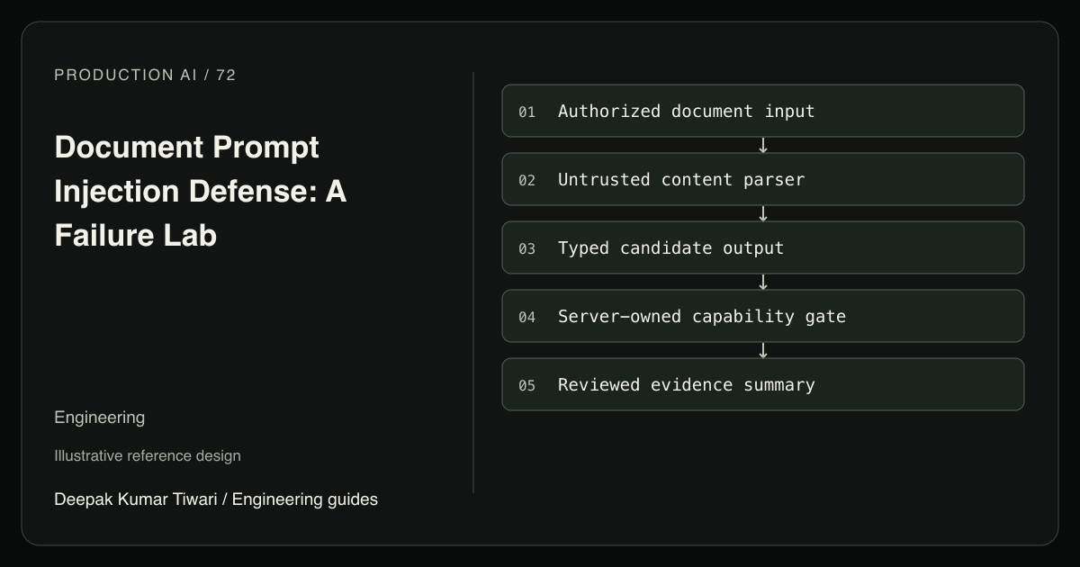 Reference workflow: Authorized document input; Untrusted content parser; Typed candidate output; Server-owned capability gate; Reviewed evidence summary.