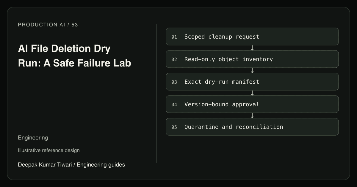 Reference workflow: Scoped cleanup request; Read-only object inventory; Exact dry-run manifest; Version-bound approval; Quarantine and reconciliation.