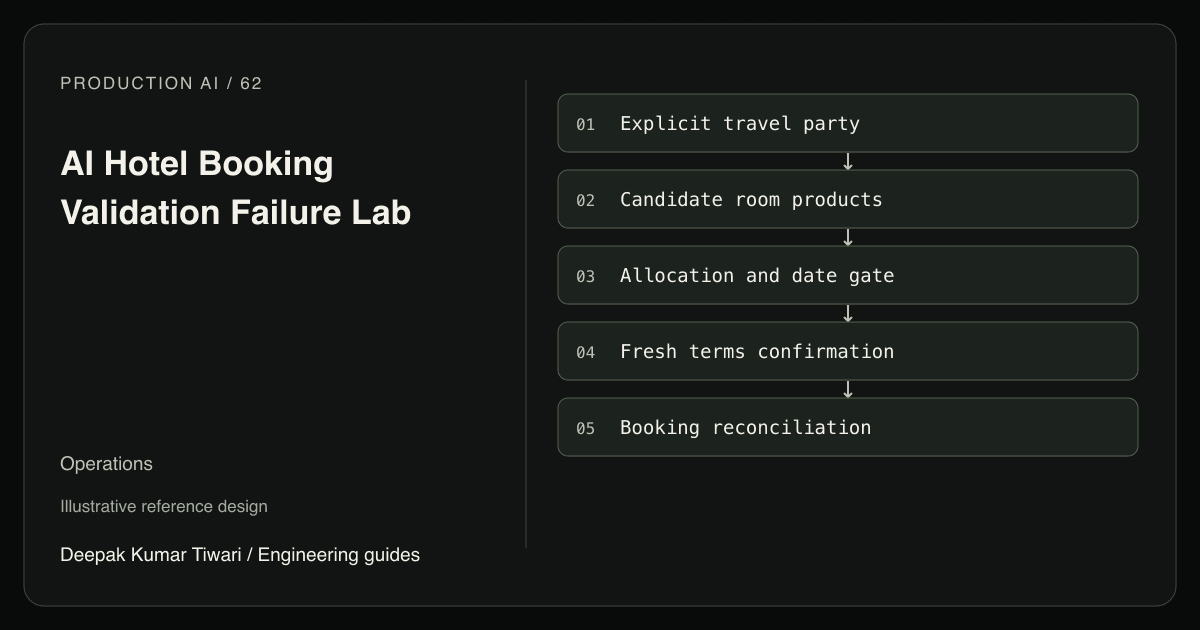 Reference workflow: Explicit travel party; Candidate room products; Allocation and date gate; Fresh terms confirmation; Booking reconciliation.