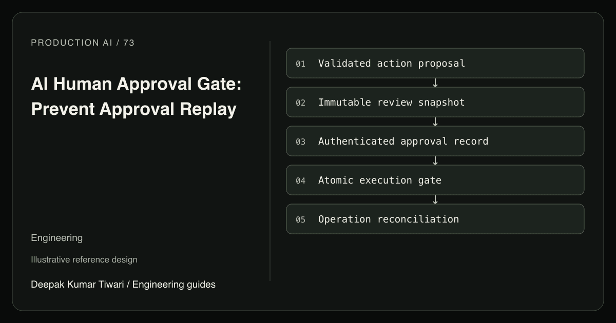 Reference workflow: Validated action proposal; Immutable review snapshot; Authenticated approval record; Atomic execution gate; Operation reconciliation.
