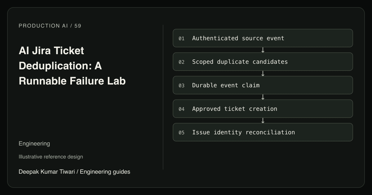 Reference workflow: Authenticated source event; Scoped duplicate candidates; Durable event claim; Approved ticket creation; Issue identity reconciliation.