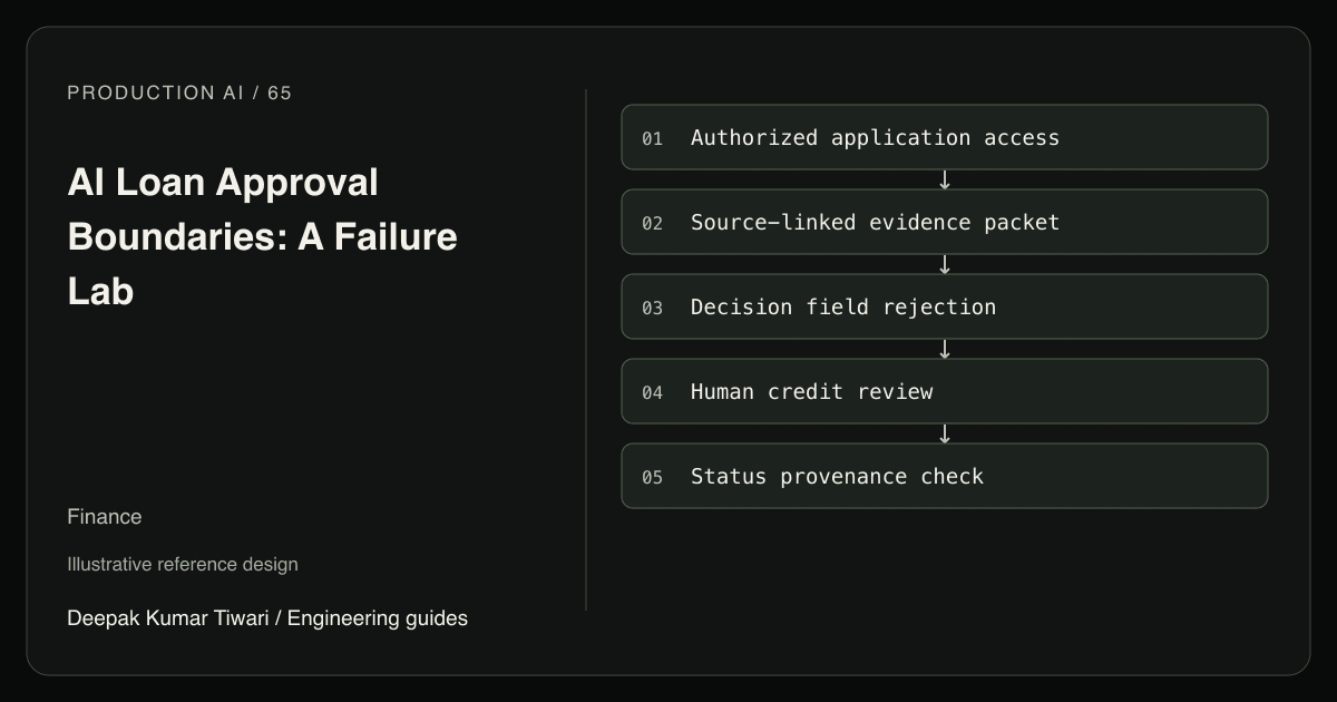 Reference workflow: Authorized application access; Source-linked evidence packet; Decision field rejection; Human credit review; Status provenance check.