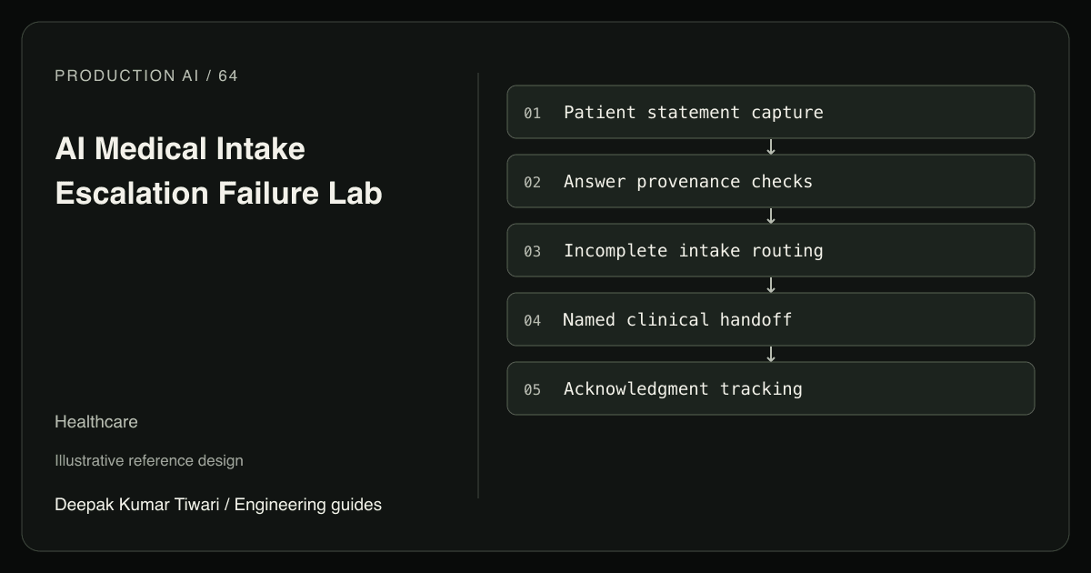 Reference workflow: Patient statement capture; Answer provenance checks; Incomplete intake routing; Named clinical handoff; Acknowledgment tracking.