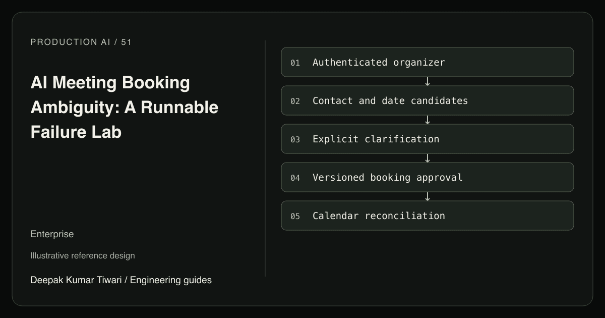 Reference workflow: Authenticated organizer; Contact and date candidates; Explicit clarification; Versioned booking approval; Calendar reconciliation.