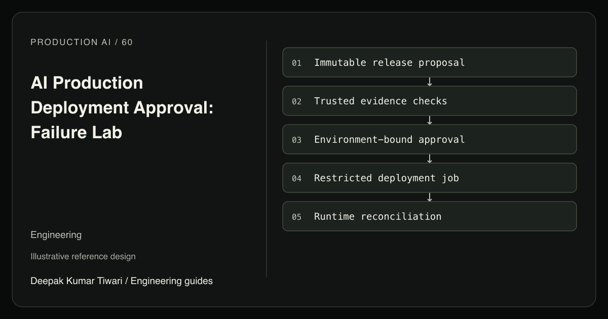 Reference workflow: Immutable release proposal; Trusted evidence checks; Environment-bound approval; Restricted deployment job; Runtime reconciliation.