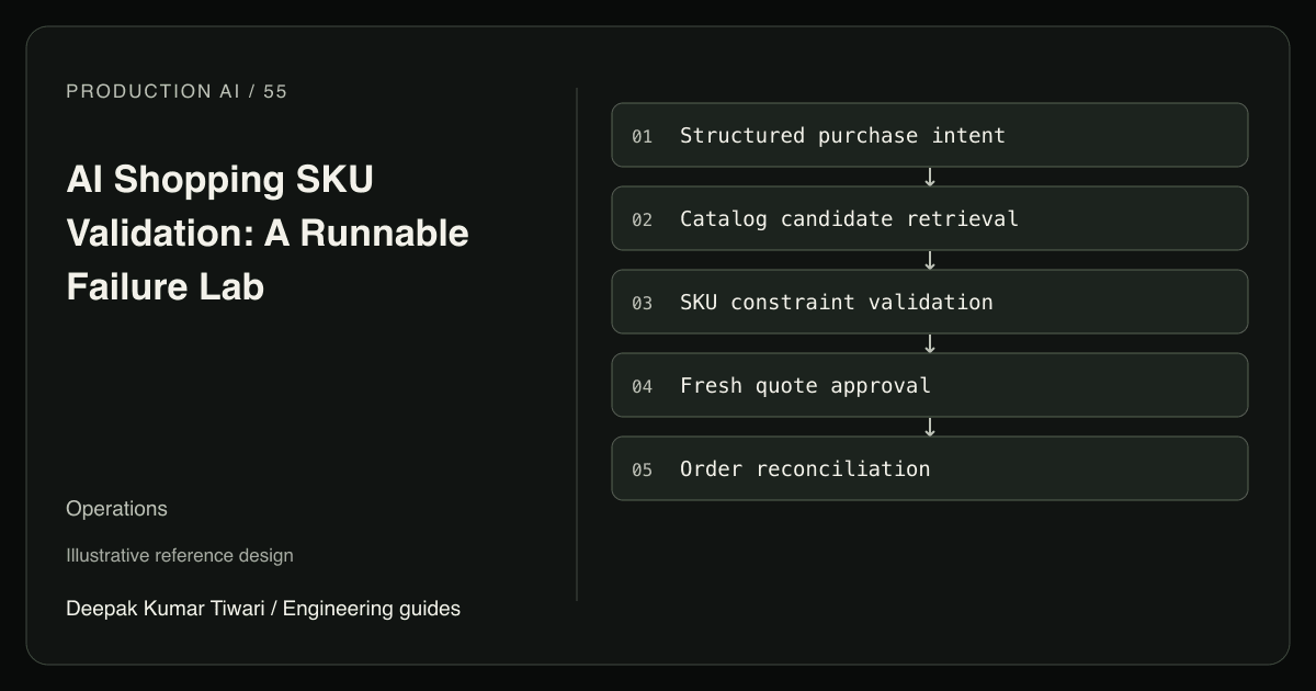Reference workflow: Structured purchase intent; Catalog candidate retrieval; SKU constraint validation; Fresh quote approval; Order reconciliation.