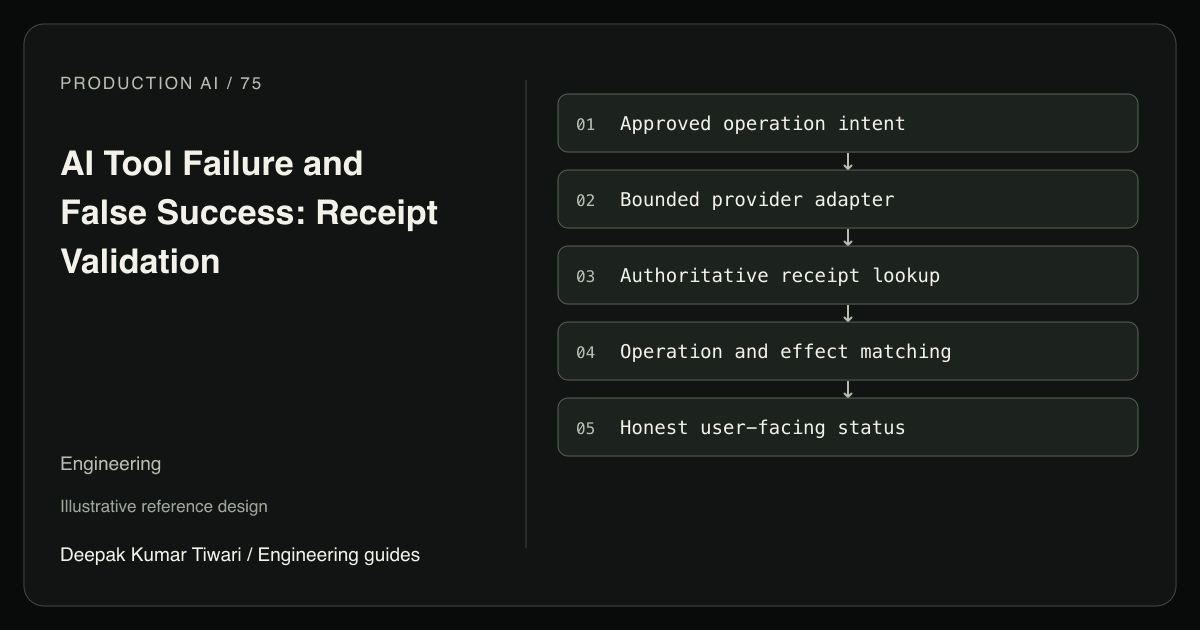 Reference workflow: Approved operation intent; Bounded provider adapter; Authoritative receipt lookup; Operation and effect matching; Honest user-facing status.