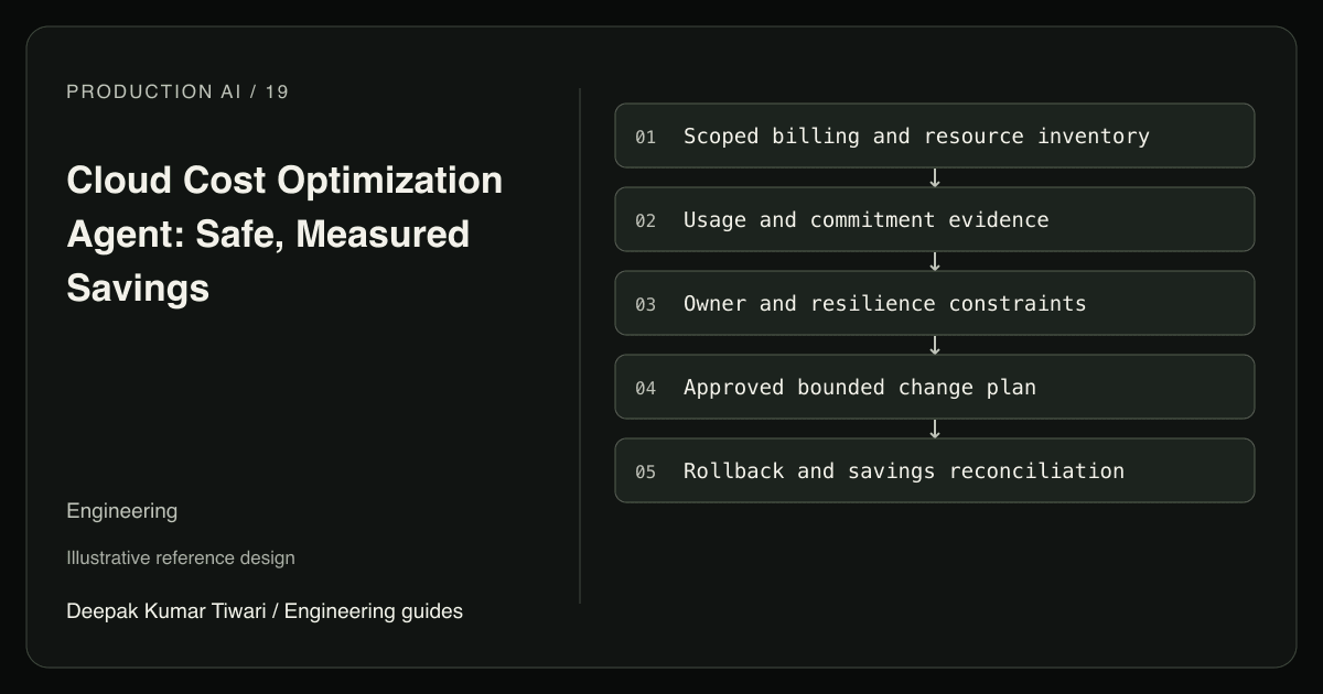 Reference workflow: Scoped billing and resource inventory; Usage and commitment evidence; Owner and resilience constraints; Approved bounded change plan; Rollback and savings reconciliation.