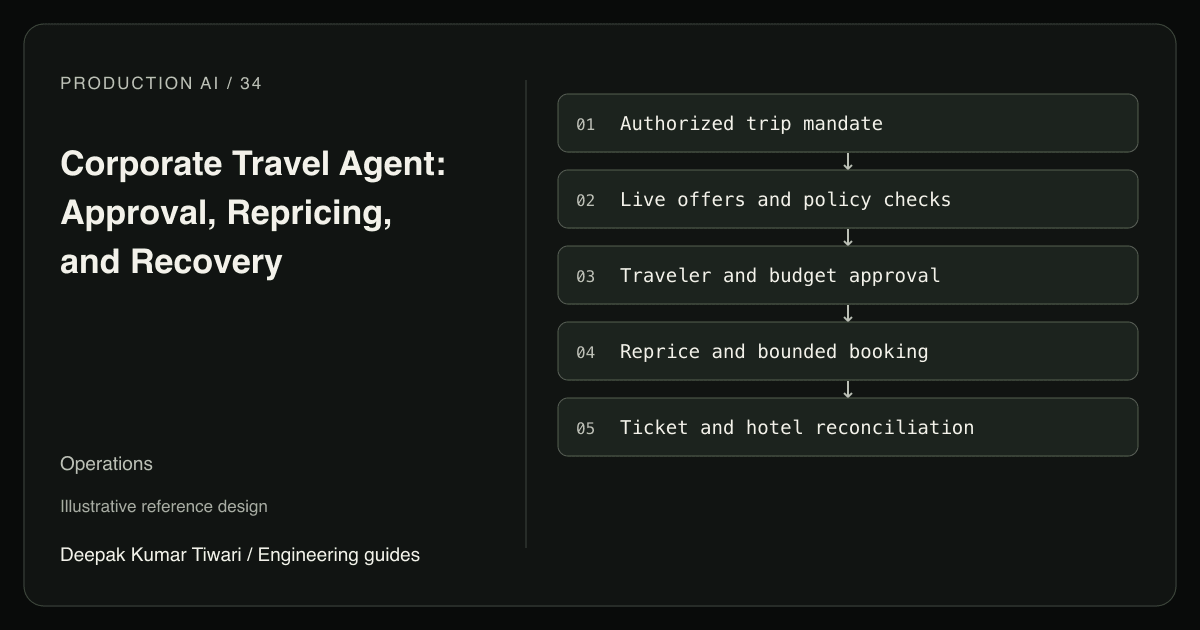 Reference workflow: Authorized trip mandate; Live offers and policy checks; Traveler and budget approval; Reprice and bounded booking; Ticket and hotel reconciliation.