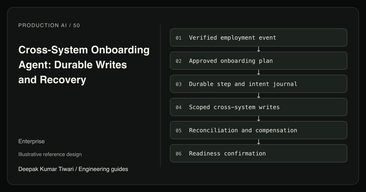 Reference workflow: Verified employment event; Approved onboarding plan; Durable step and intent journal; Scoped cross-system writes; Reconciliation and compensation; Readiness confirmation.