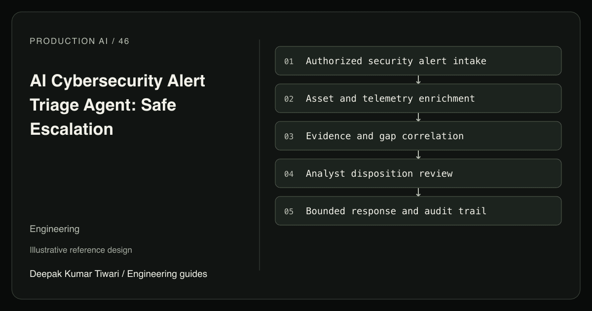 Reference workflow: Authorized security alert intake; Asset and telemetry enrichment; Evidence and gap correlation; Analyst disposition review; Bounded response and audit trail.