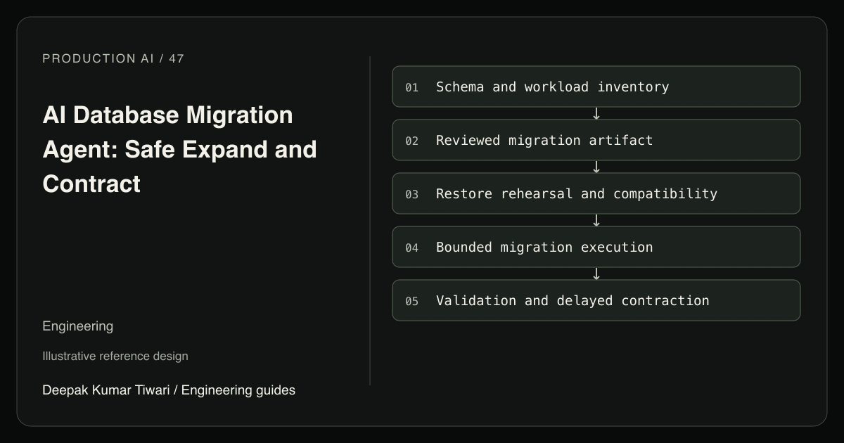 Reference workflow: Schema and workload inventory; Reviewed migration artifact; Restore rehearsal and compatibility; Bounded migration execution; Validation and delayed contraction.