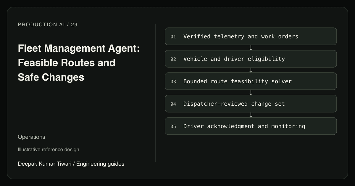 Reference workflow: Verified telemetry and work orders; Vehicle and driver eligibility; Bounded route feasibility solver; Dispatcher-reviewed change set; Driver acknowledgment and monitoring.