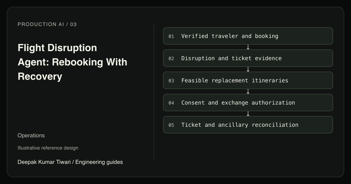 Reference workflow: Verified traveler and booking; Disruption and ticket evidence; Feasible replacement itineraries; Consent and exchange authorization; Ticket and ancillary reconciliation.