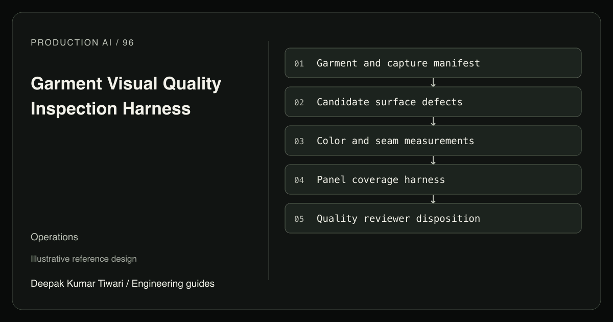Reference workflow: Garment and capture manifest; Candidate surface defects; Color and seam measurements; Panel coverage harness; Quality reviewer disposition.