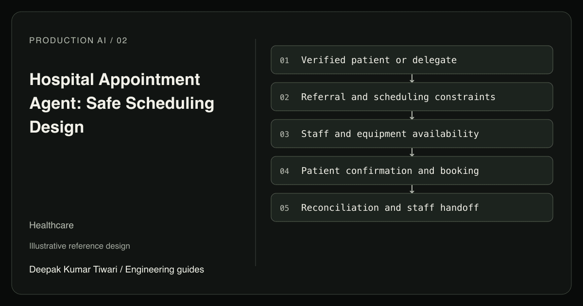 Reference workflow: Verified patient or delegate; Referral and scheduling constraints; Staff and equipment availability; Patient confirmation and booking; Reconciliation and staff handoff.