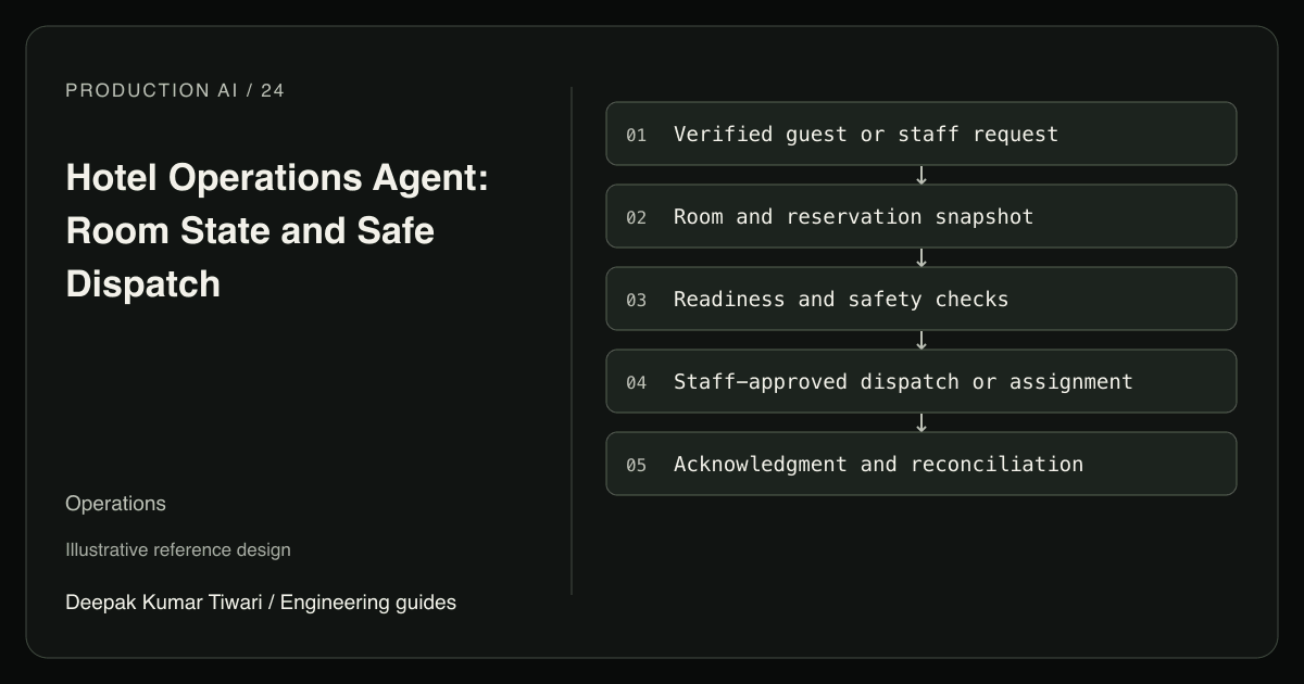 Reference workflow: Verified guest or staff request; Room and reservation snapshot; Readiness and safety checks; Staff-approved dispatch or assignment; Acknowledgment and reconciliation.