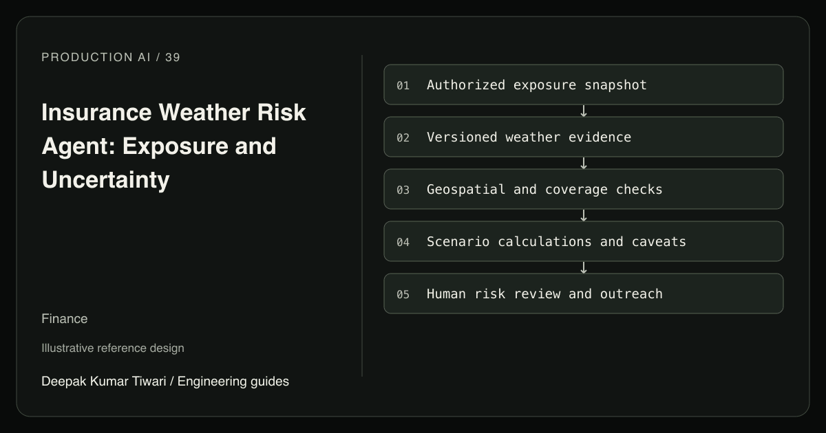 Reference workflow: Authorized exposure snapshot; Versioned weather evidence; Geospatial and coverage checks; Scenario calculations and caveats; Human risk review and outreach.