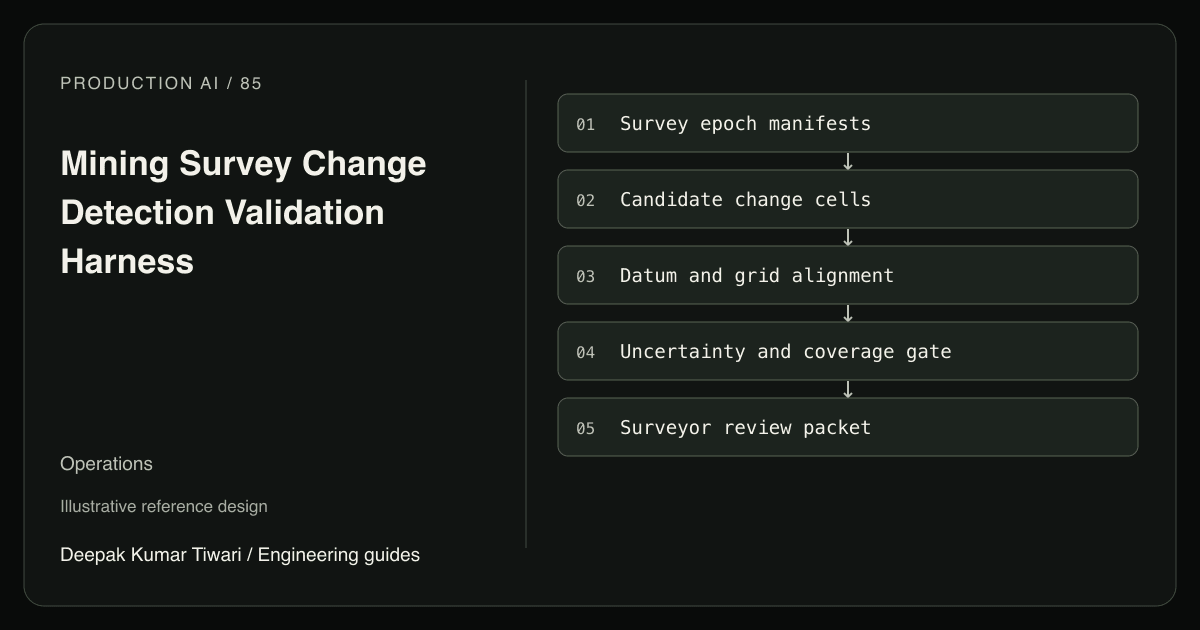 Reference workflow: Survey epoch manifests; Candidate change cells; Datum and grid alignment; Uncertainty and coverage gate; Surveyor review packet.