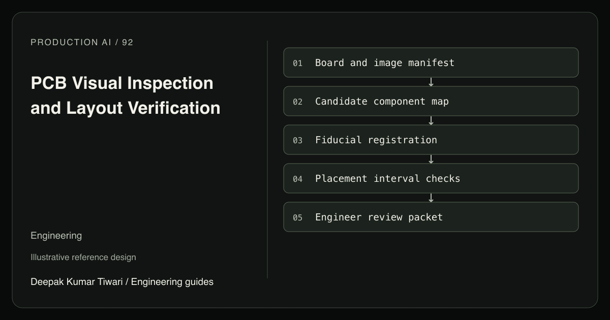 Reference workflow: Board and image manifest; Candidate component map; Fiducial registration; Placement interval checks; Engineer review packet.