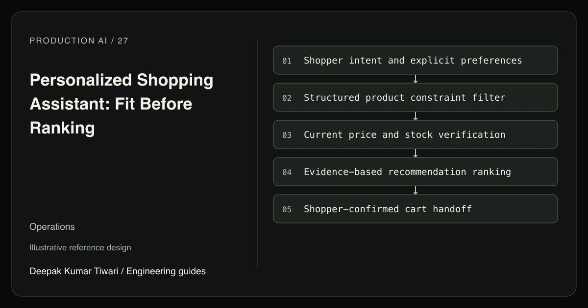 Reference workflow: Shopper intent and explicit preferences; Structured product constraint filter; Current price and stock verification; Evidence-based recommendation ranking; Shopper-confirmed cart handoff.