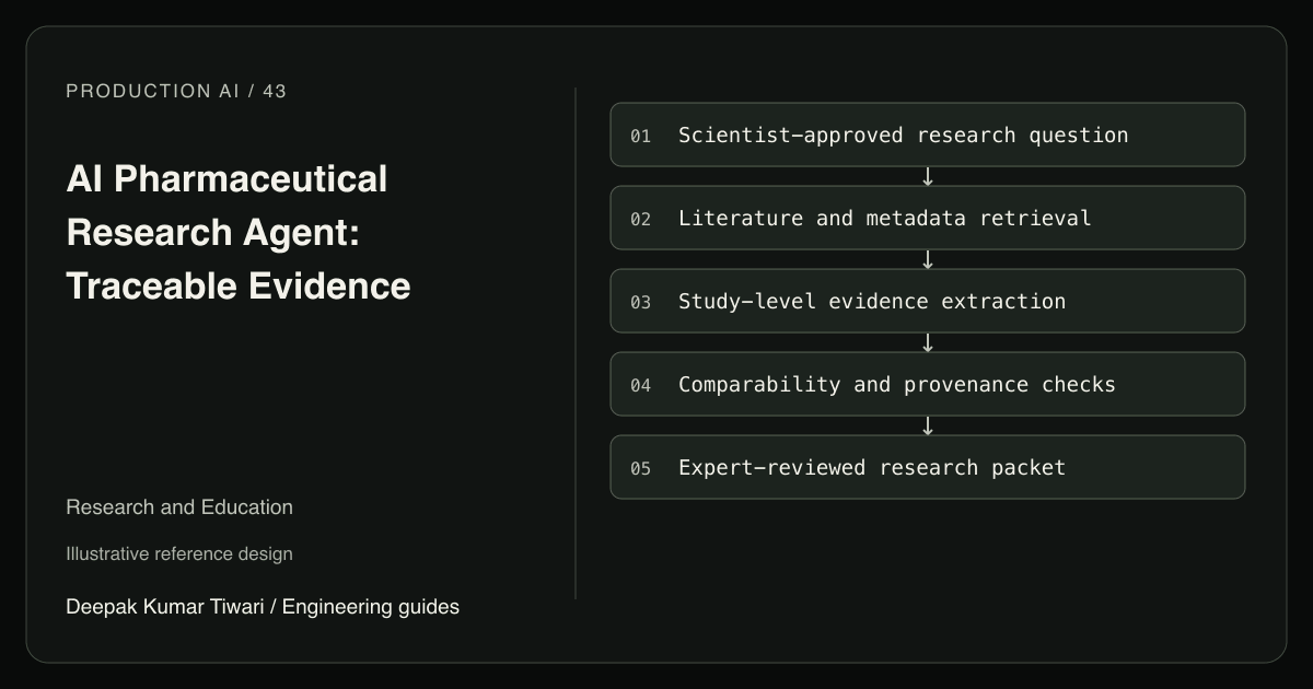 Reference workflow: Scientist-approved research question; Literature and metadata retrieval; Study-level evidence extraction; Comparability and provenance checks; Expert-reviewed research packet.