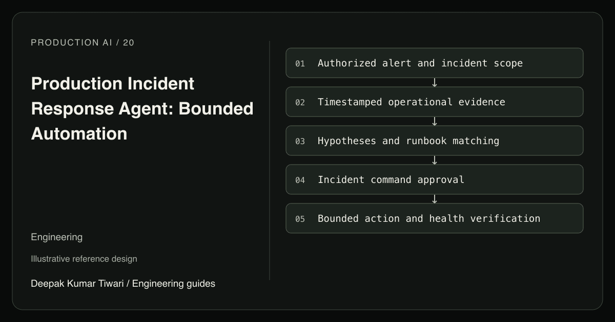 Reference workflow: Authorized alert and incident scope; Timestamped operational evidence; Hypotheses and runbook matching; Incident command approval; Bounded action and health verification.