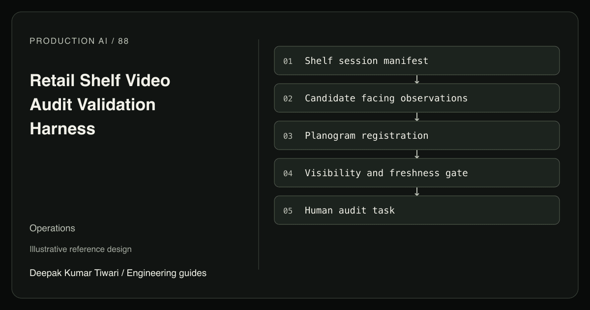 Reference workflow: Shelf session manifest; Candidate facing observations; Planogram registration; Visibility and freshness gate; Human audit task.