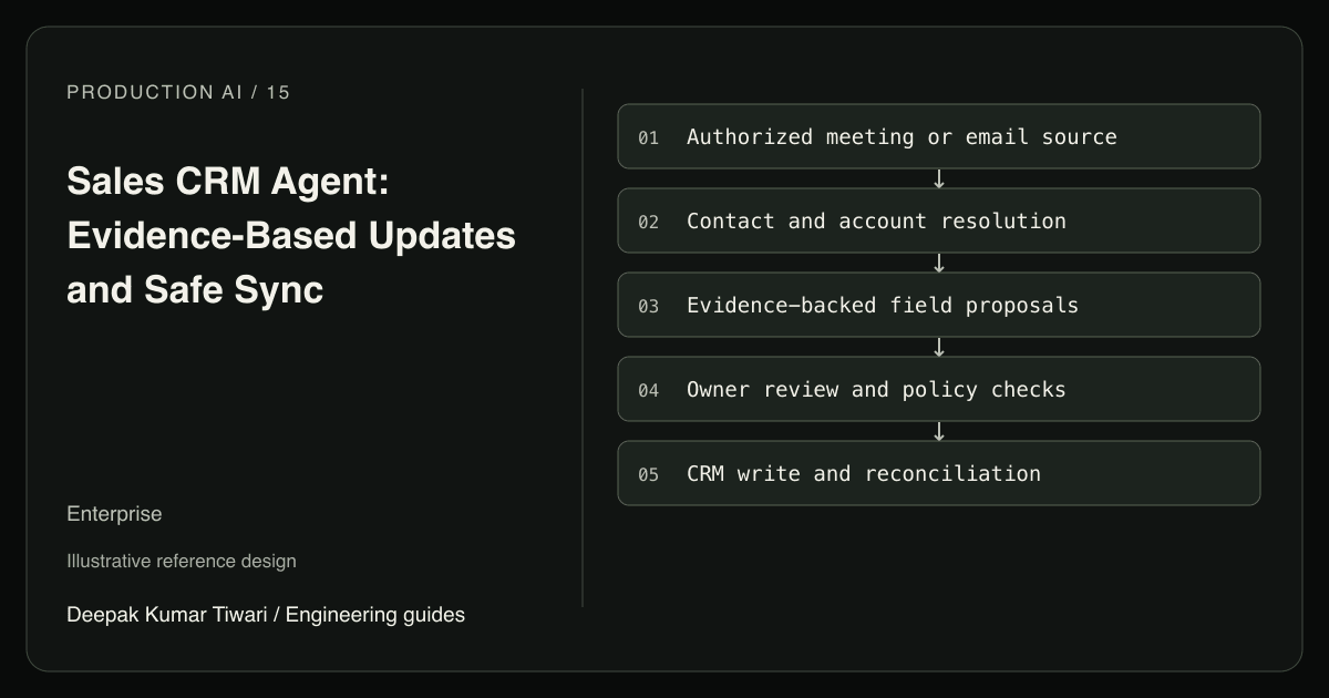 Reference workflow: Authorized meeting or email source; Contact and account resolution; Evidence-backed field proposals; Owner review and policy checks; CRM write and reconciliation.