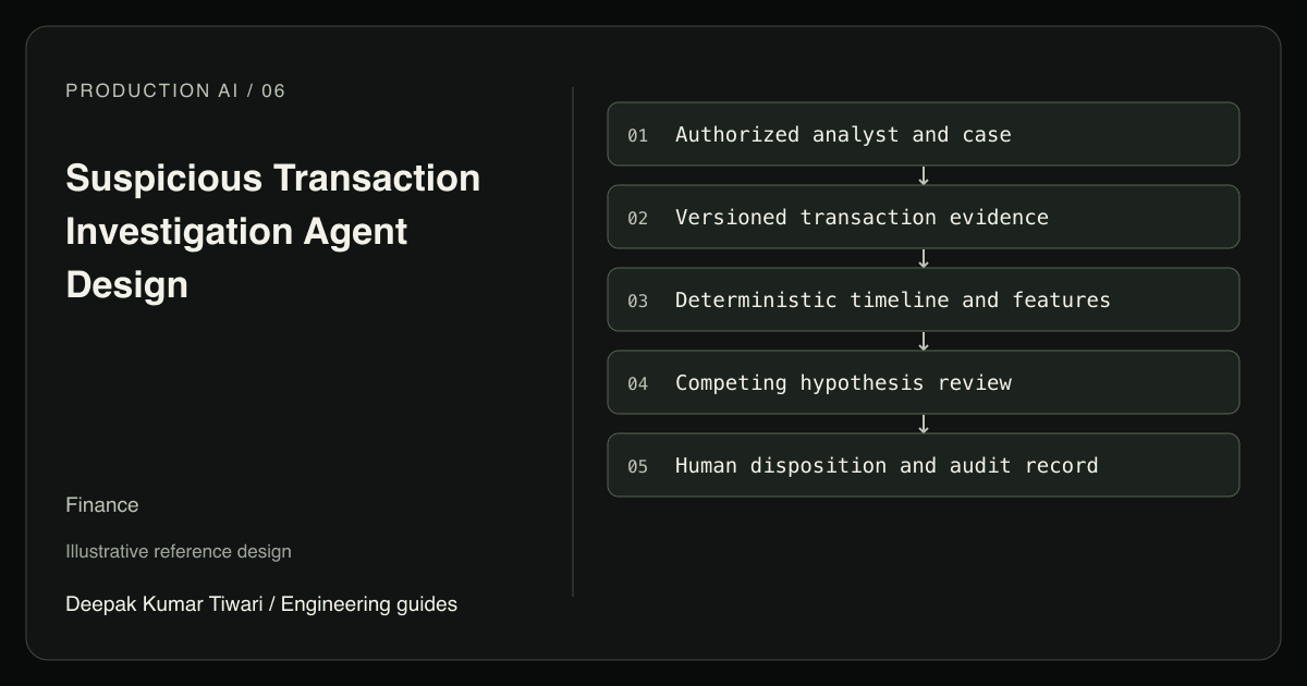 Reference workflow: Authorized analyst and case; Versioned transaction evidence; Deterministic timeline and features; Competing hypothesis review; Human disposition and audit record.