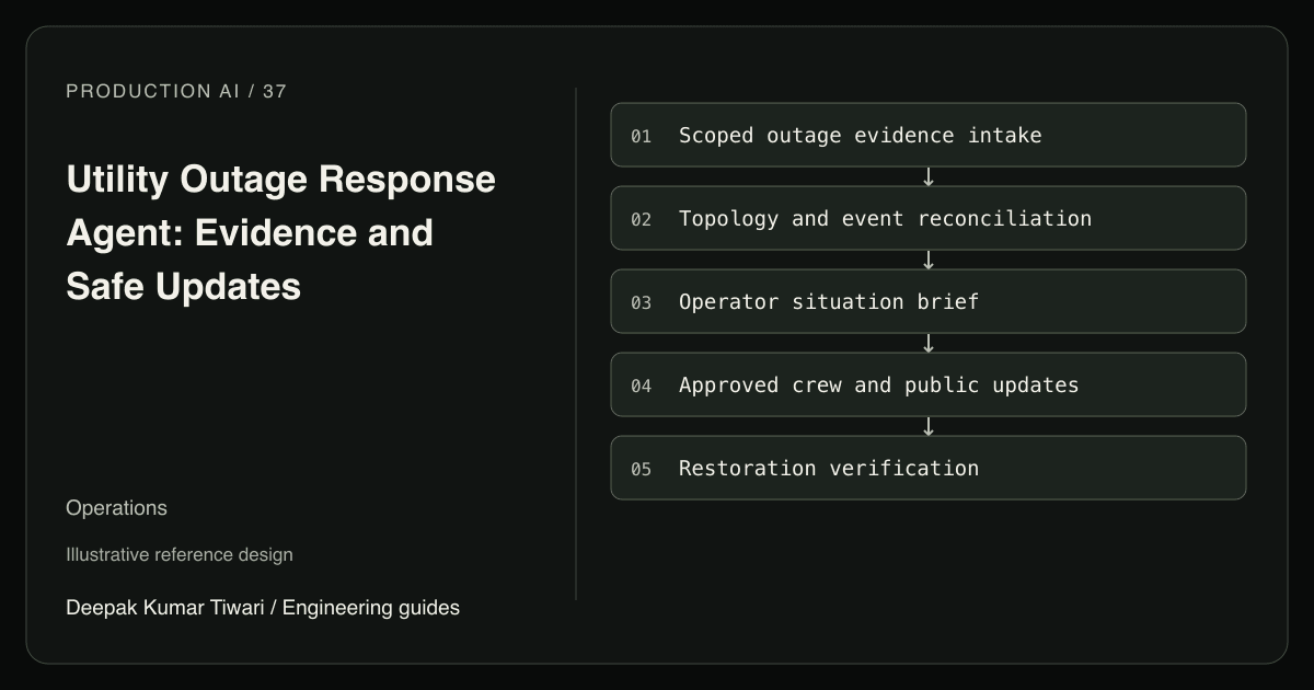 Reference workflow: Scoped outage evidence intake; Topology and event reconciliation; Operator situation brief; Approved crew and public updates; Restoration verification.