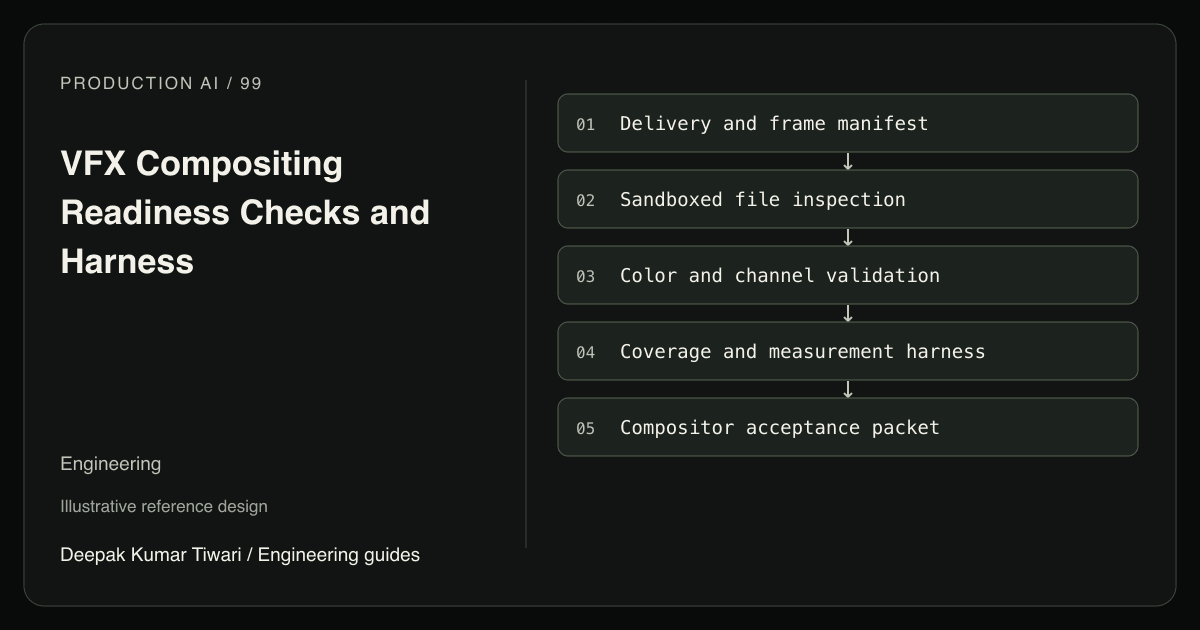 Reference workflow: Delivery and frame manifest; Sandboxed file inspection; Color and channel validation; Coverage and measurement harness; Compositor acceptance packet.