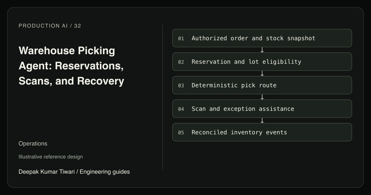 Reference workflow: Authorized order and stock snapshot; Reservation and lot eligibility; Deterministic pick route; Scan and exception assistance; Reconciled inventory events.