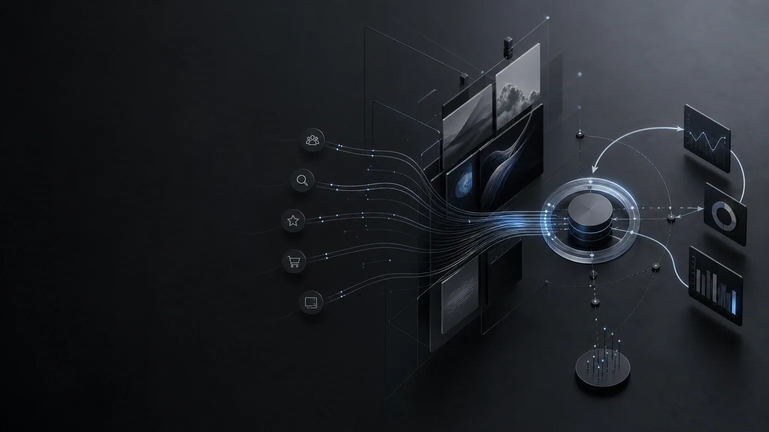 Concept illustration: AI advertising and AdTech workflow connecting creative assets, audience signals, attribution, and campaign analytics