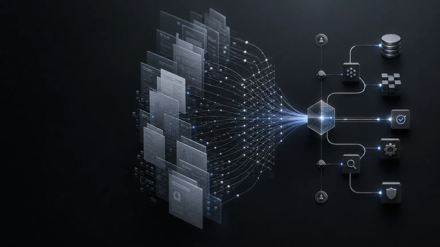 Concept illustration: AI agent and RAG architecture connecting trusted documents, retrieval pathways, tools, and governance controls