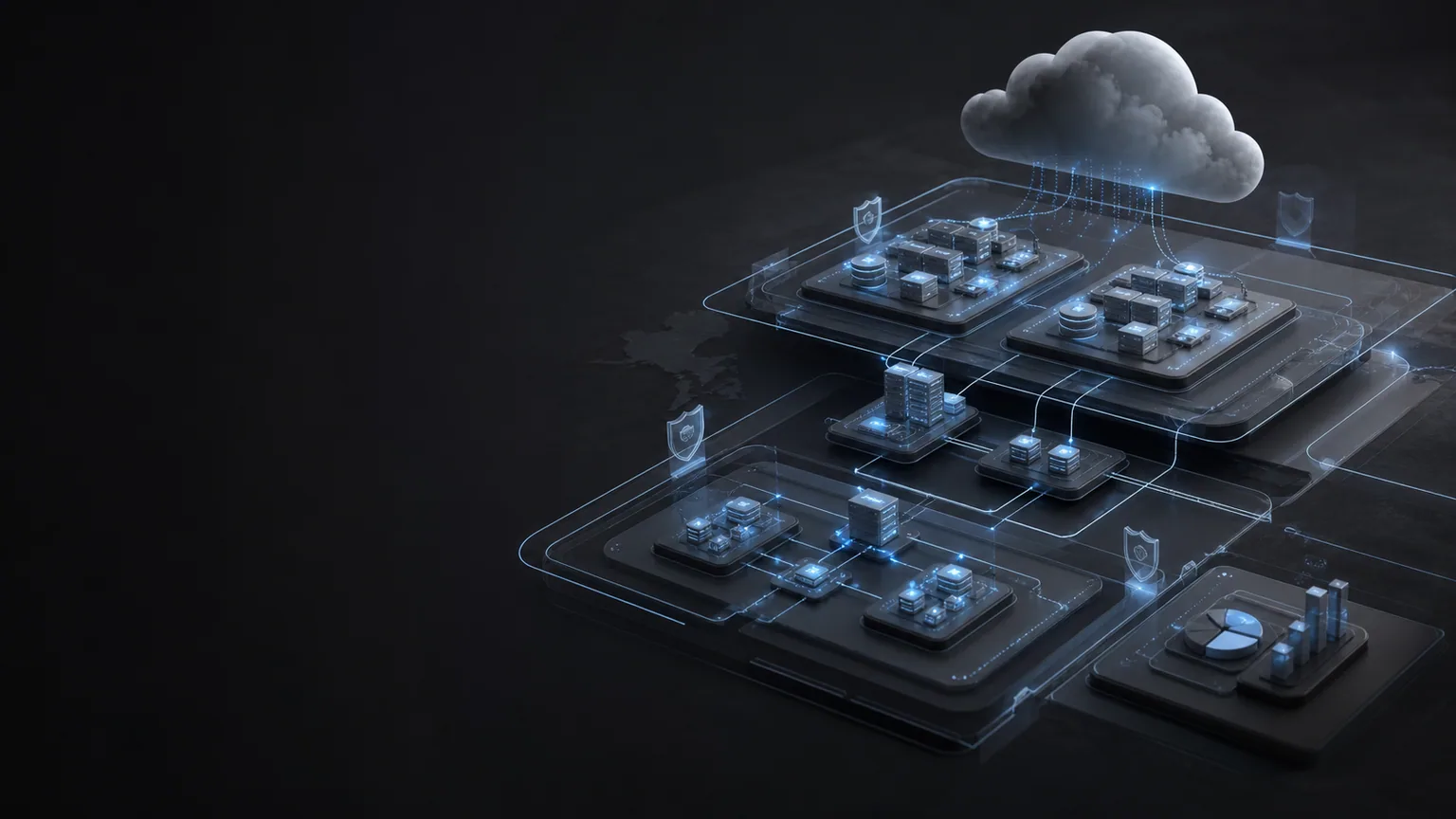 Concept illustration: AWS cloud architecture with resilient infrastructure zones, private networks, compute, storage, and security controls