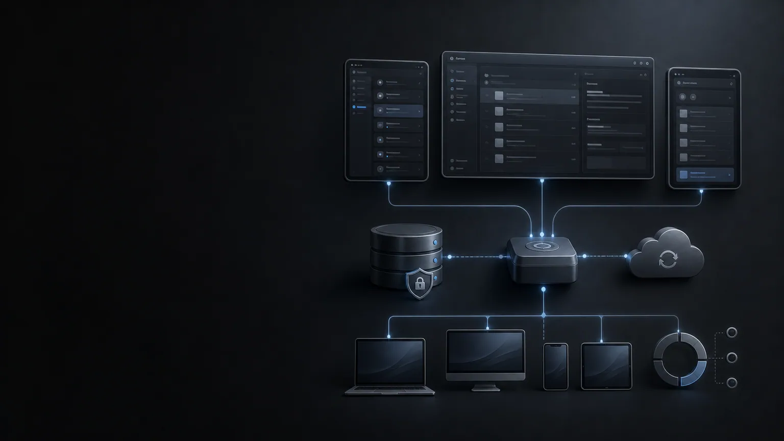 Concept illustration: Cross-platform desktop application architecture with local storage, secure updates, cloud sync, and connected devices