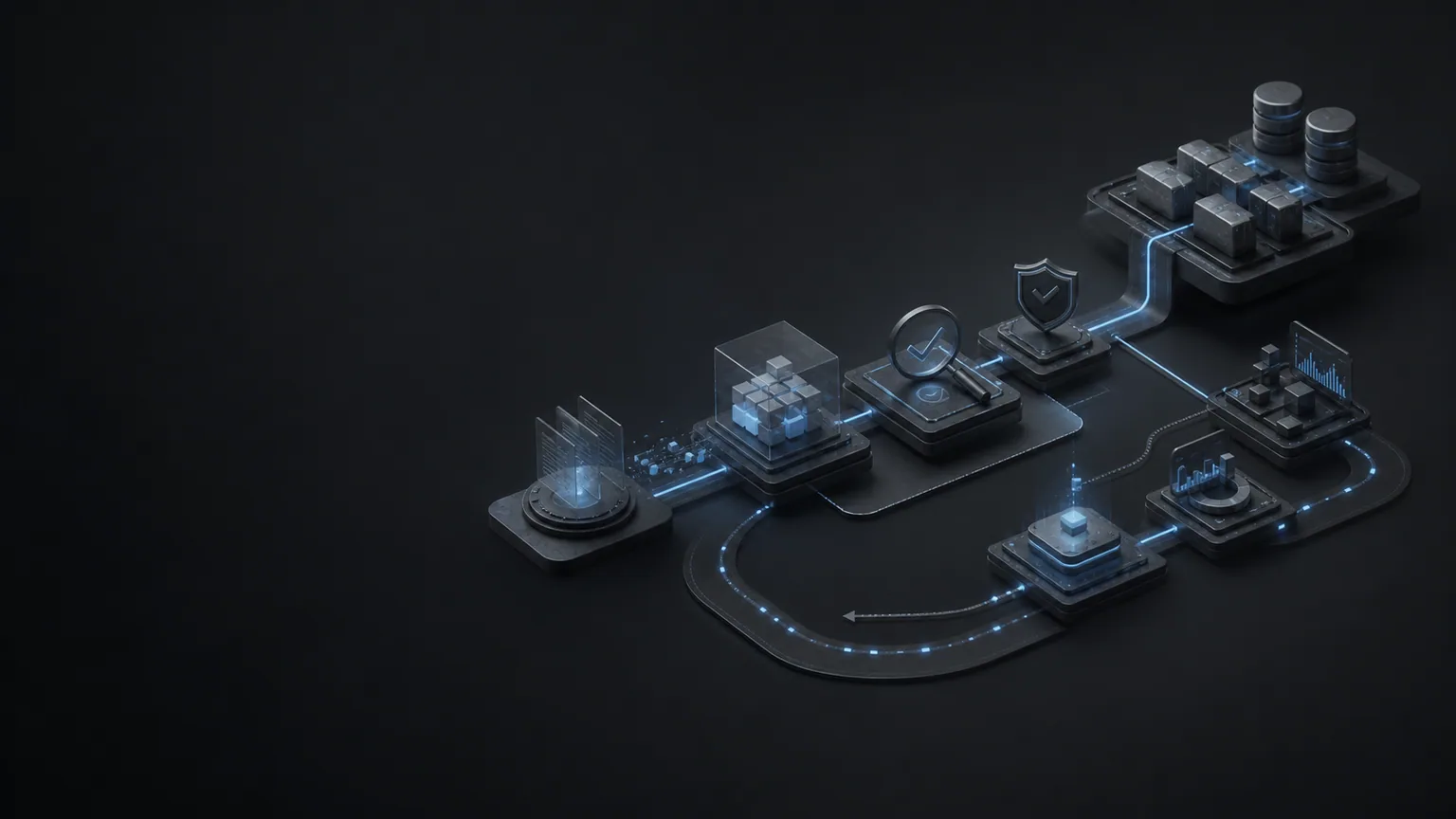 Concept illustration: DevOps platform engineering workflow with build, test, policy, deployment, observability, and recovery stages