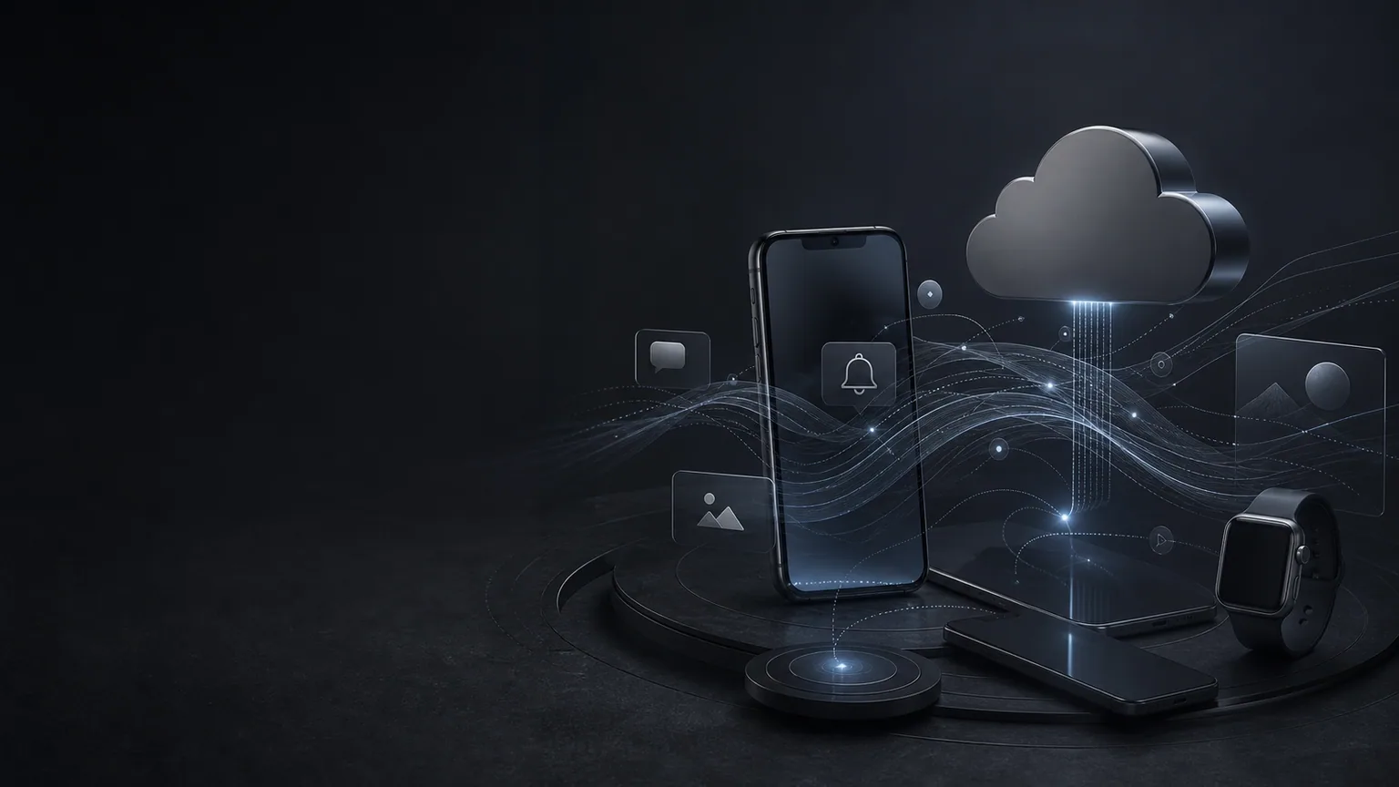 Concept illustration: Mobile application ecosystem connecting phones, cloud services, notifications, media, and resilient data synchronization