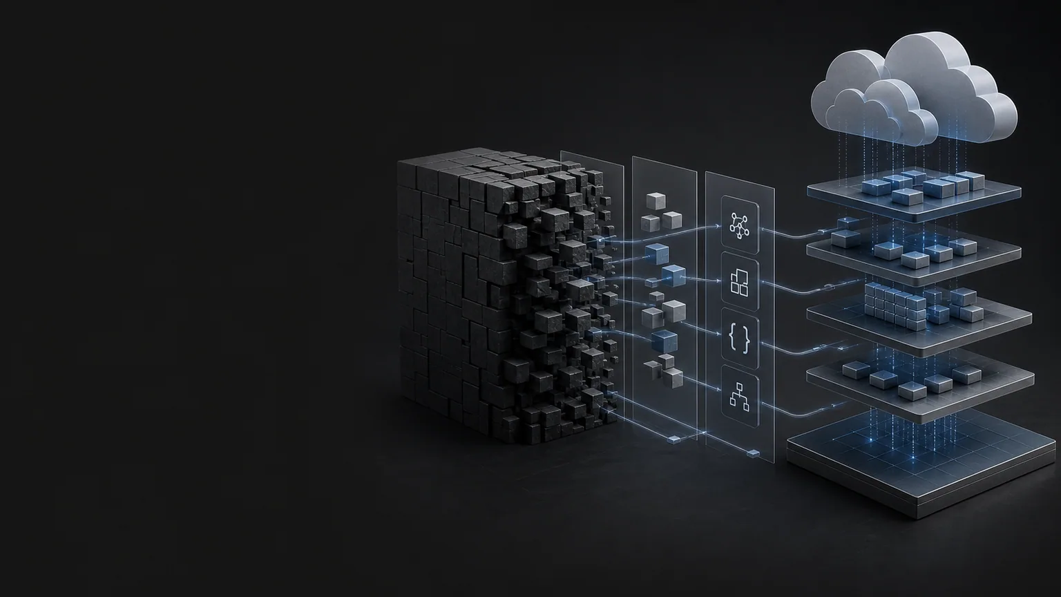 Concept illustration: Legacy product architecture transforming into modular services, APIs, cloud layers, and a modern technology foundation