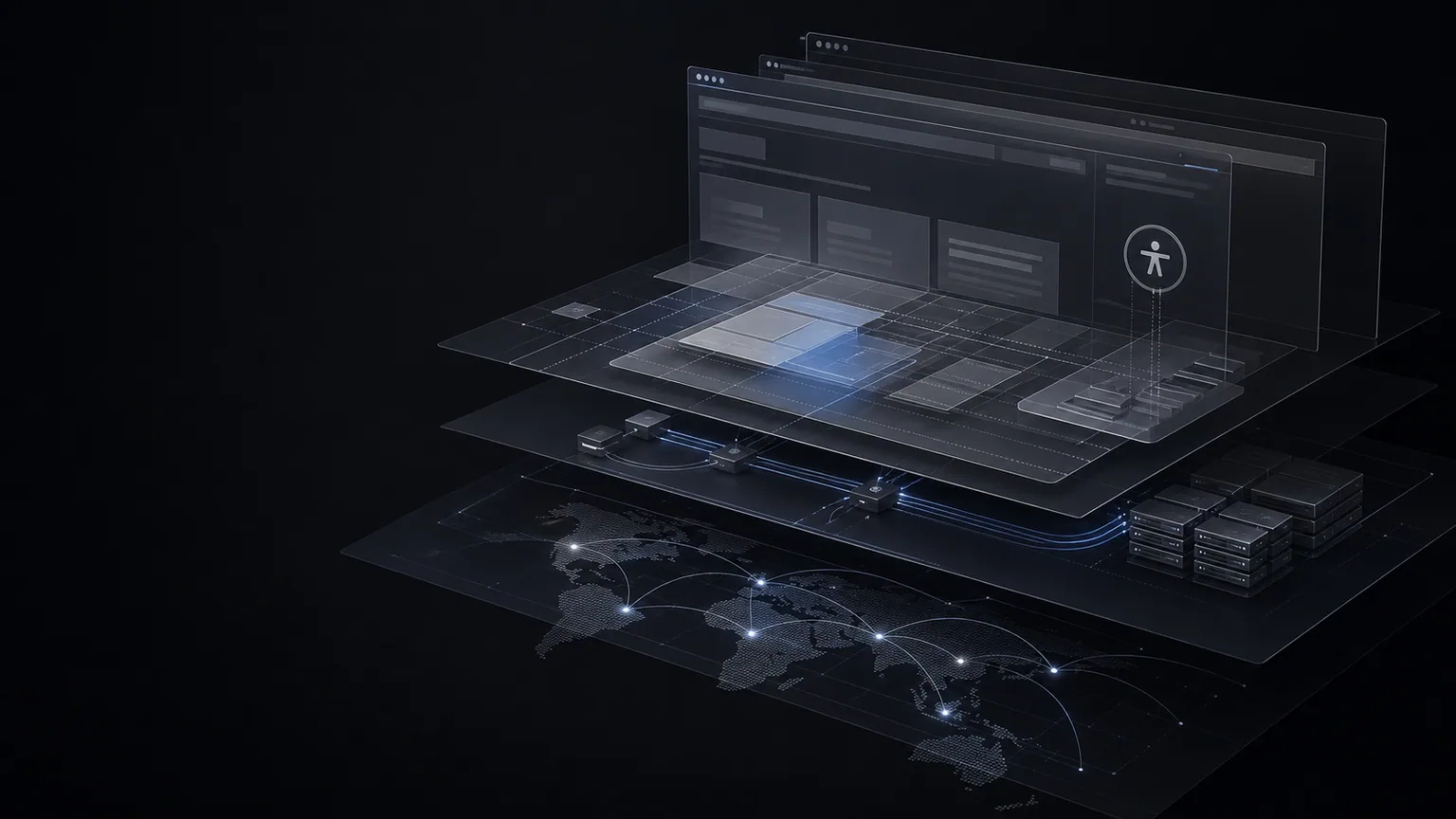 Concept illustration: Modern web application architecture with responsive interface layers, accessibility, backend services, and global delivery